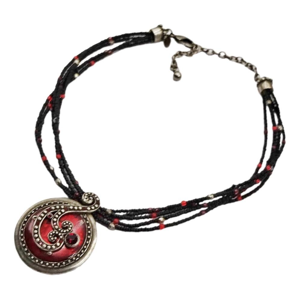Chico’s Celtic Inspired Abstract Pendant with Ruby/Garnet Colors Stones Choker - Picture 4 of 5